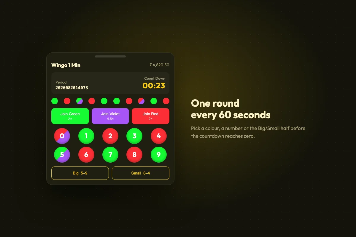 Colour prediction round board with a sixty second countdown, green, violet and red bet buttons and number balls zero to nine