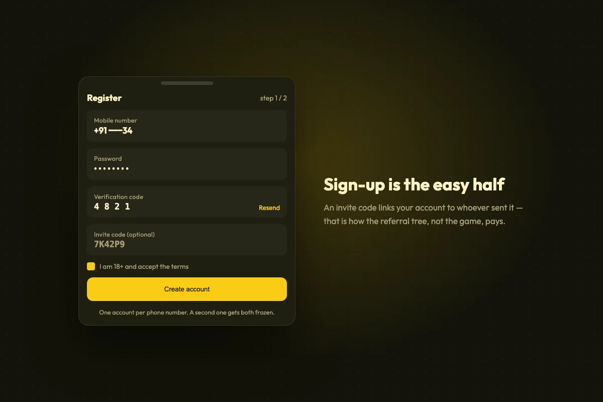 Registration screen with mobile number, password, verification code and invite code fields