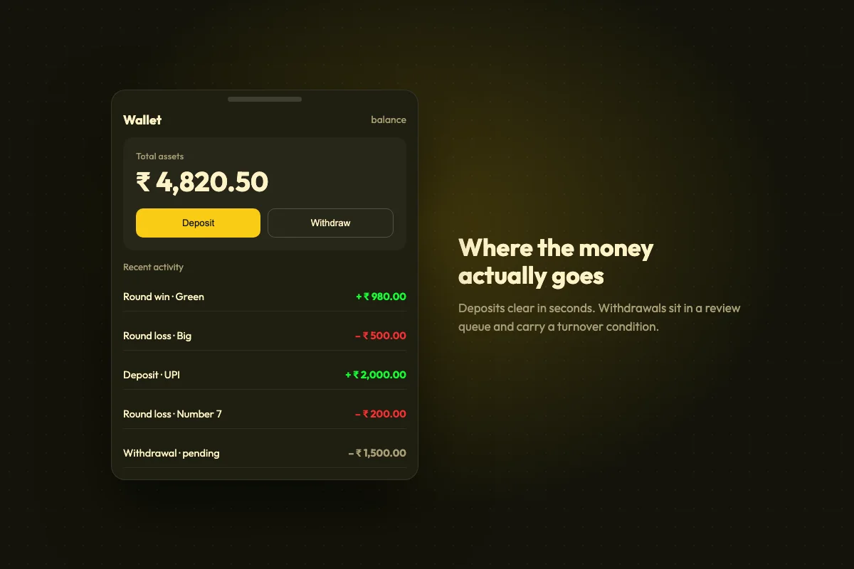 Wallet screen showing the balance, deposit and withdraw buttons and a list of recent round wins and losses